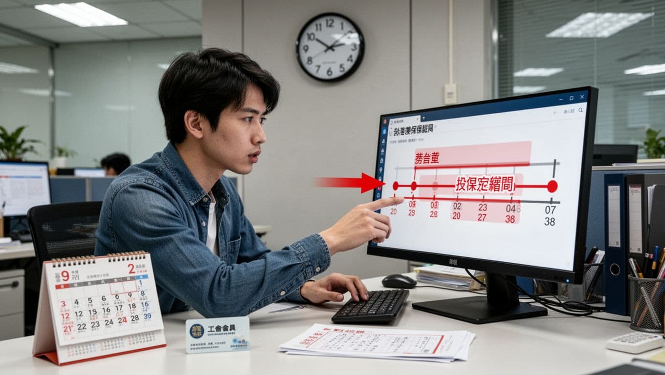 工會加保被要求補繳,這些情況要小心 A young Taiwanese office worker sits at his desk, intently checking a labor insurance enrollment timeline chart on his computer screen marked with red for date overlaps and blanks, while pointing to adjust errors. The desk features a calendar, union membership card, and payment notice in a modern office setting with Taiwanese elements.