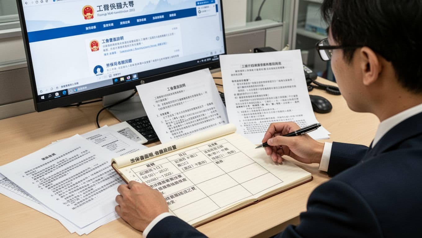 工會加保客服說法與法規不一致怎麼辦?3步確認法 A Taiwanese office worker at a desk cross-references multiple documents including union notices, labor insurance replies, and legal regulations, recording details in a three-column comparison table on a notebook, with a computer showing an official website in the background. Realistic photography with bright lighting, featuring one person alone, no text errors or watermarks.