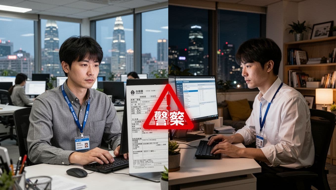 打零工族加入工會最常卡關:資格認定與工作證明 Split-screen realistic image of a single Taiwanese office worker: daytime in Taipei office wearing labor insurance card amid work, nighttime freelancing on computer at home, with insurance documents showing red conflict warning and bright day-night contrast.