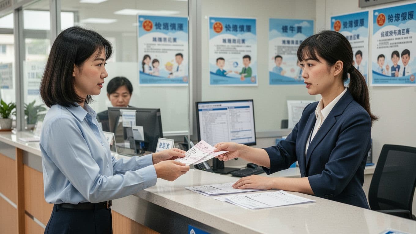 工會退保後健保身分怎麼變?3種接續方法一次搞定 A Taiwanese office worker stands at a government counter, handing payment receipts and forms for a health insurance refund to a clerk in a clean public service office with daylight lighting.