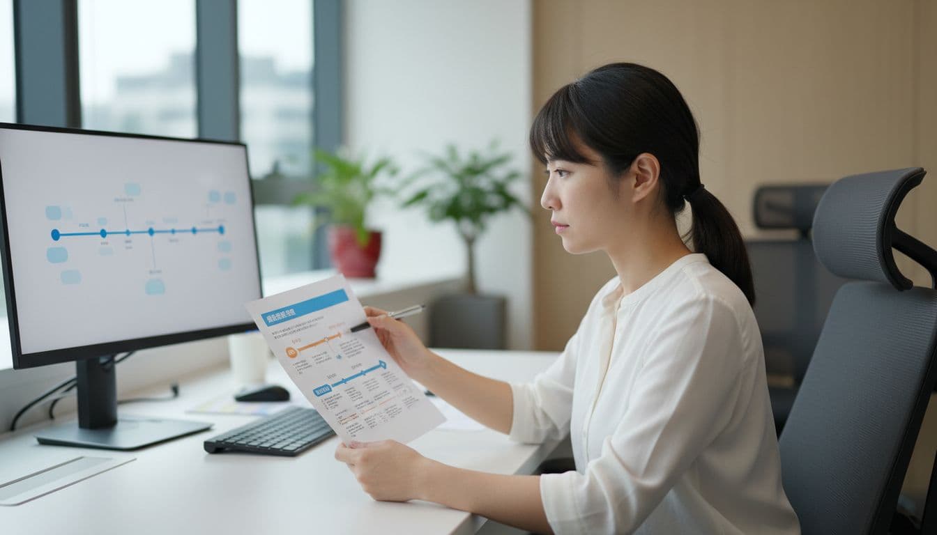 國民年金沒繳怎麼辦?對退休影響與補繳全指南 A Taiwanese office worker sits at a modern desk, examining a timeline chart on a slightly blurred computer screen that illustrates the transition from labor insurance to national pension, from unemployment to employment periods, holding a pen to mark points, with natural light and a focused thoughtful expression in realistic photography style.