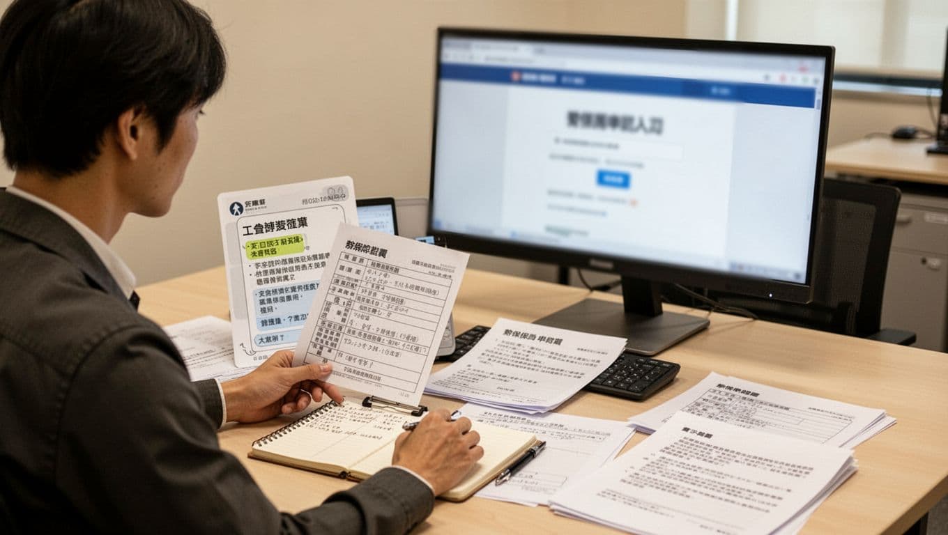 工會加保客服說法與法規不一致怎麼辦?3步確認法 A Taiwanese office worker sits at a desk sorting labor insurance appeal documents, including union chat screenshots, payment proofs, insurance records, and reply files, with a notebook noting deadlines and channels, and a computer showing the blurred Labor Insurance Bureau appeal portal. Minimalist office background in realistic style with warm indoor lighting, solo person with hands naturally resting.