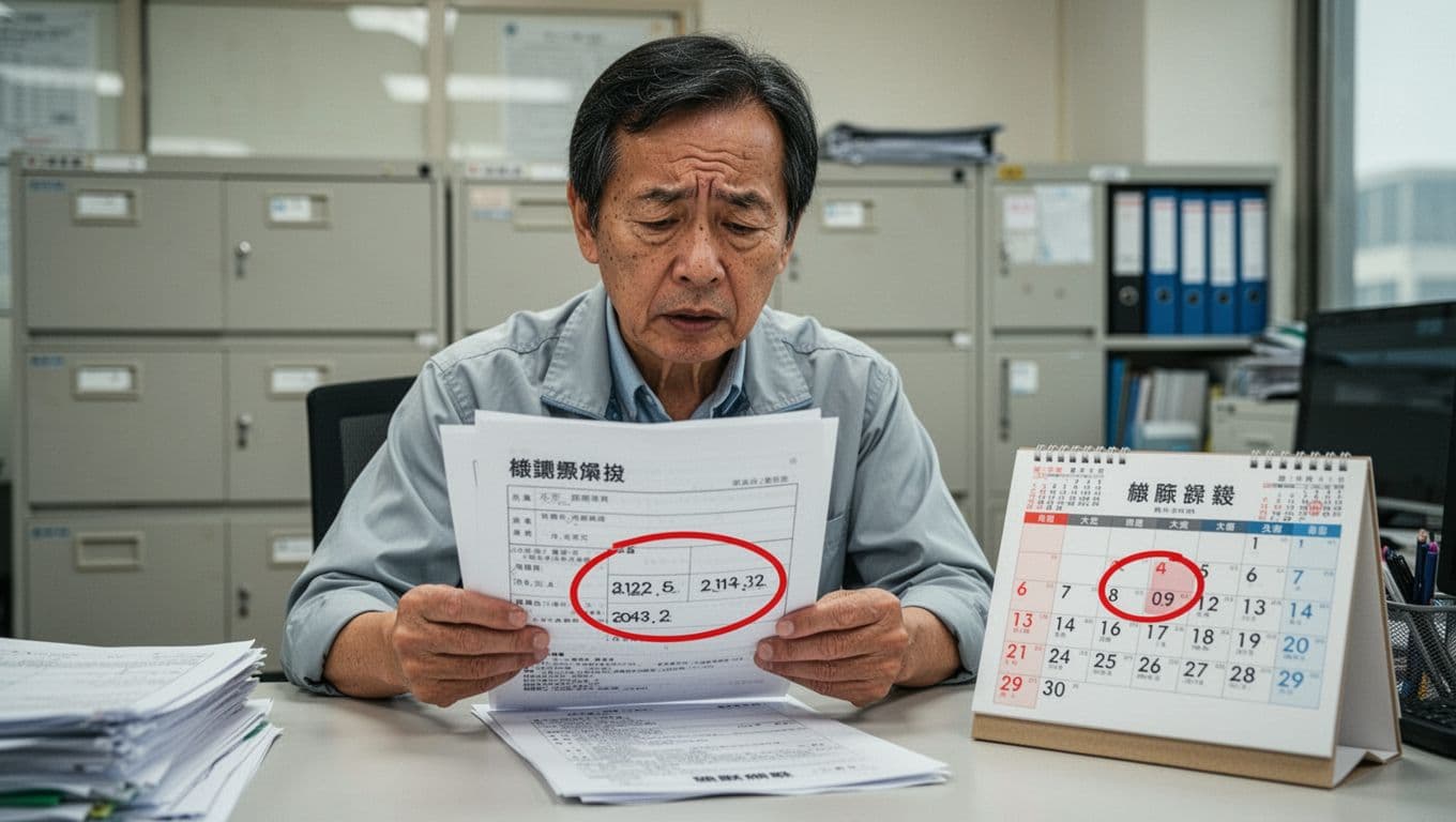 工會退保後勞保空窗怎麼補?4種可行選項完整整理 A middle-aged worker in a softly lit Taiwanese office sits at a desk, scrutinizing labor insurance documents with a red-circled gap in coverage dates, a nearby calendar highlighting the empty period, and a concerned expression on his face amid clean filing cabinets.