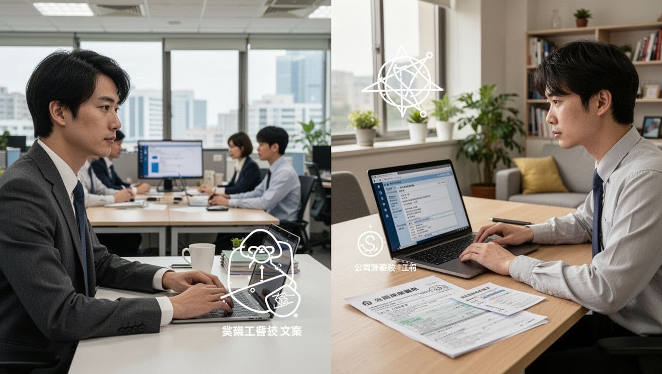 接案者意外失能,勞保能給多少保障? Split-screen image of a Taiwanese office worker: left side shows full-time office work at a desk, right side depicts home freelancing on a laptop with company insurance and union documents symbolized abstractly. Realistic professional photography in neutral tones with bright daylight and high detail.