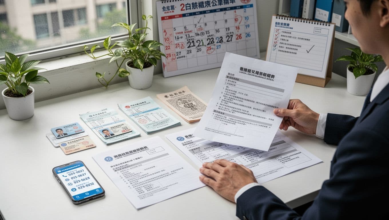 A focused Taiwanese office worker at a clean desk prepares essential labor insurance documents including ID card, salary slips, household registry copies, and union application forms spread out neatly; a smartphone nearby shows contact numbers for Labor Insurance Bureau; background features a calendar marking job change dates and a notepad with checklists; realistic photo style with natural daylight lighting through window; calm and organized mood; exactly one person present, hands relaxed holding one document, no additional humans, no extra limbs, no visible text on papers except minimal placeholders like short labels, no watermark, no detailed phone screen, simple office setting with plants.