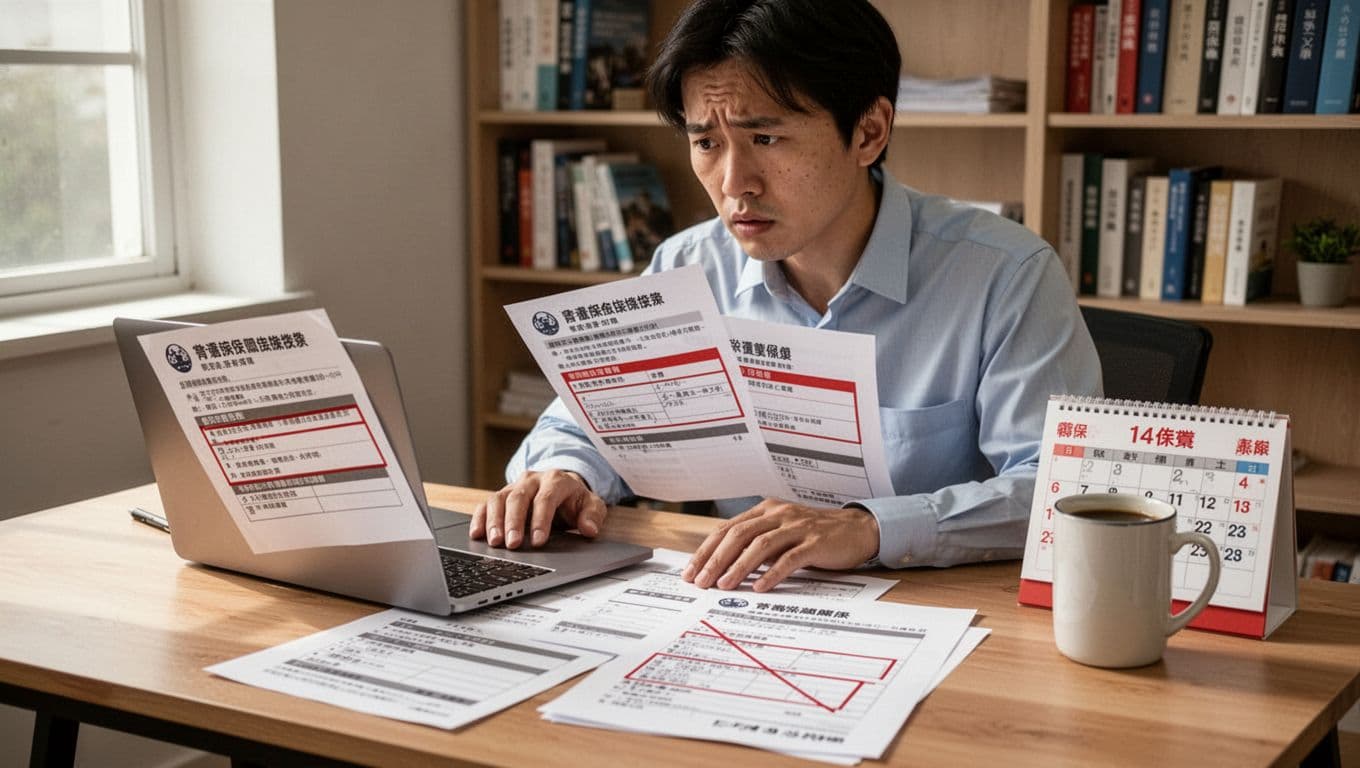 Realistic illustration of a Taiwanese office worker at a home desk after resignation, reviewing labor insurance transfer documents from company to union coverage on a laptop, with printed forms highlighting coverage gaps and a calendar marking the 14-day window.