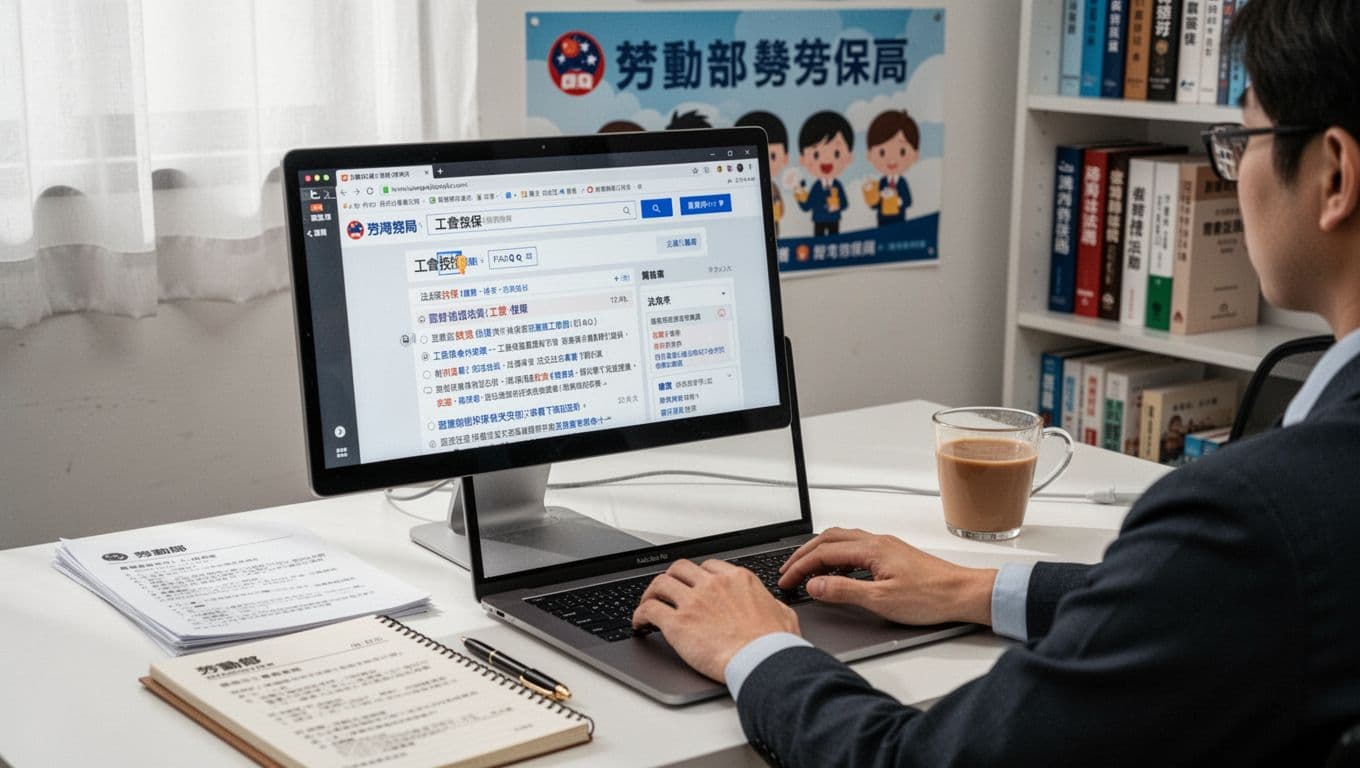 工會加保客服說法與法規不一致怎麼辦?3步確認法 A focused Taiwanese office worker at a minimalist desk browses the Ministry of Labor website for '工會投保' search results, surrounded by labor documents, notebook, coffee, and background posters and books.