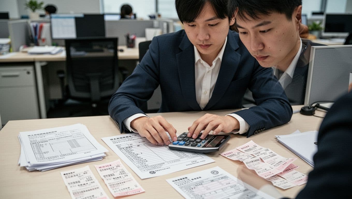 Realistic landscape of a Taiwanese office worker at a tidy desk in a company, carefully selecting salary brackets on a labor insurance declaration form using a calculator amid pay stubs and tax records, with professional attire and concentrated focus.