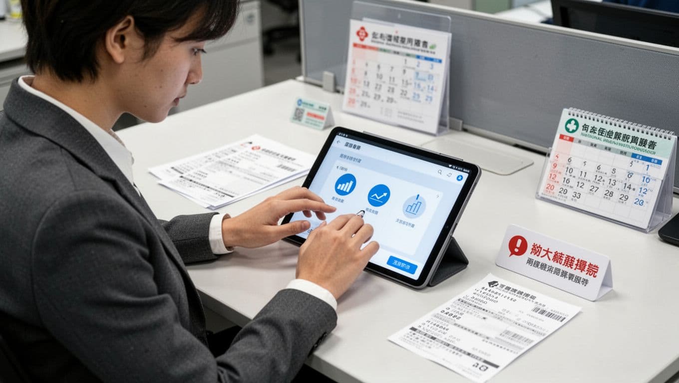 工會加保被要求補繳,這些情況要小心 A young Taiwanese office worker in business casual attire sits at a modern desk, actively updating salary change information on a tablet app for labor insurance, surrounded by printed pay stubs, a notification reminder, national health insurance card, and calendar.