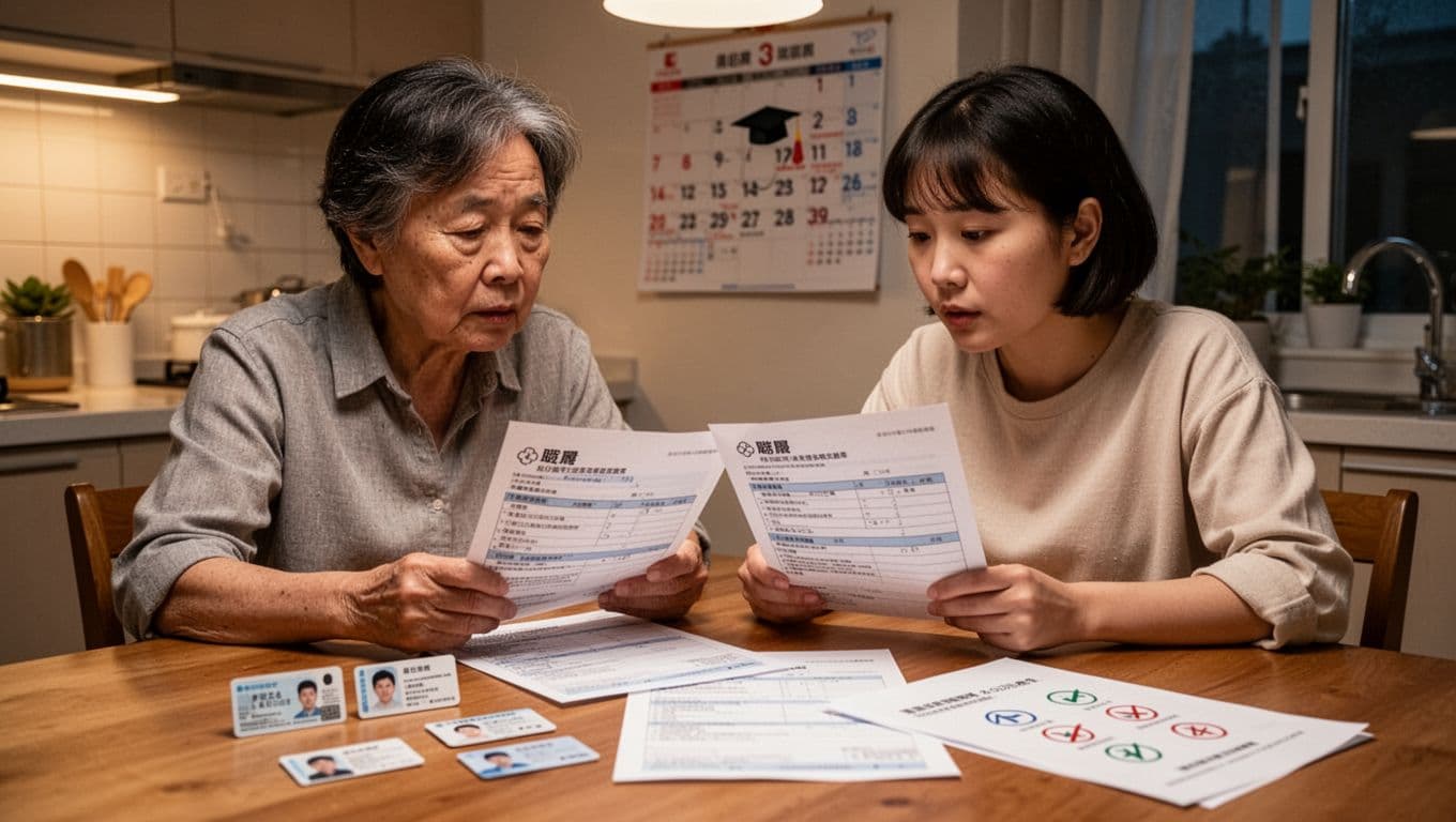 工會加保期間最容易忽略的10個小細節 A detailed photorealistic image of a middle-aged Taiwanese parent and one adult child at their home kitchen table in the evening, reviewing printed health insurance dependent forms with concerned expressions. Hands rest relaxed near blurred family ID cards, application papers with add/remove dependent icons, and simple decor like a wall calendar marking life events such as graduation, under warm lighting.