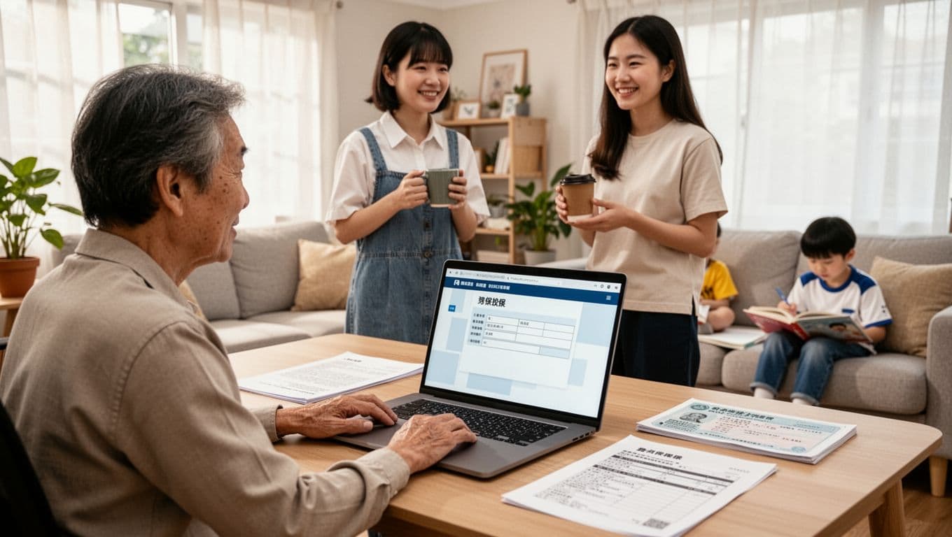 家教老師勞保投保指南:有雇主與無雇主差別 一位中年台灣家長坐在明亮的家裡客廳辦公桌前,使用筆電操作勞保局網站,為家教老師註冊勞保單位。桌上整齊擺放家教書面合約、老師身分證明影本、勞保申報表單和銀行繳費通知單。背景是溫馨客廳,一位年輕家教老師站在旁邊微笑交談,一位小學生在沙發上讀書。
