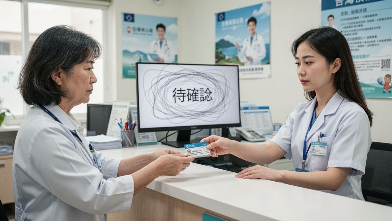 工會退保後健保身分怎麼變?3種接續方法一次搞定 A Taiwanese patient shows their health insurance card to clinic staff at the counter, with a computer screen subtly indicating 'pending confirmation' in the background. Clean medical office interior under daylight, realistic photography focusing on natural interaction.