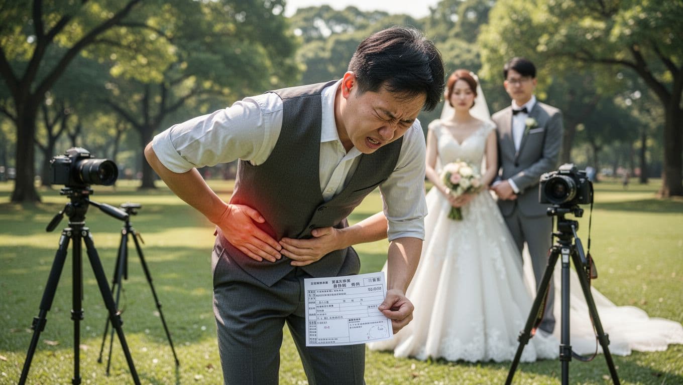攝影師接案勞保怎麼保?職業工會投保 + 10 個常見問題解答 A Taiwanese photographer bends in pain holding his waist after prolonged standing at an outdoor wedding in a sunny park, with camera, tripod, bride, and groom in the background, clutching a labor insurance payment document. Photorealistic style with detailed skin and fabric textures, high resolution.