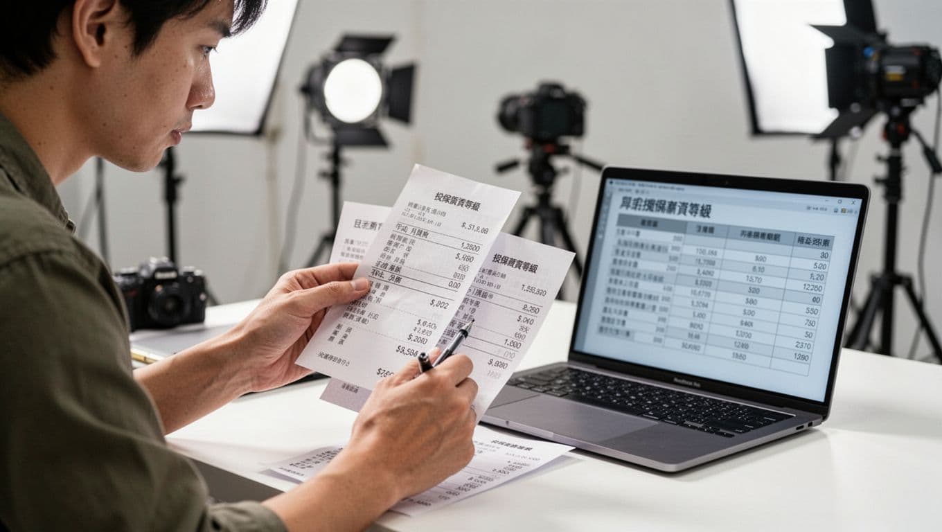 攝影師接案勞保怎麼保?職業工會投保 + 10 個常見問題解答 A Taiwanese photographer in a bright studio holds a calculator and income receipts to compute average monthly income, marking numbers with a pen beside a laptop with blurred salary table screen, amid photography equipment.