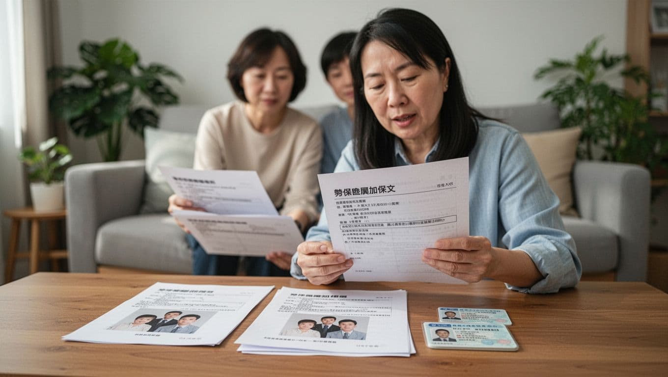 攝影師接案勞保怎麼保?職業工會投保 + 10 個常見問題解答 A Taiwanese photographer in sharp focus holds labor insurance dependent documents naturally in a cozy living room, with two blurred family members in the background amid furniture, plants, and natural light; table shows document photos and ID cards in a warm, realistic atmosphere.
