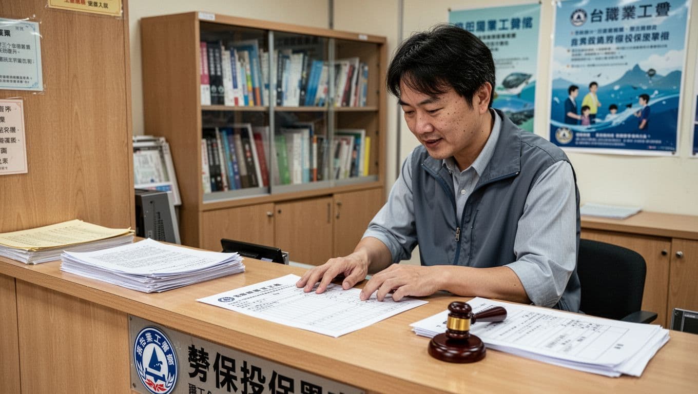攝影師接案勞保怎麼保?職業工會投保 + 10 個常見問題解答 A Taiwanese photographer at a professional union office counter lightly touches a labor insurance enrollment form amid documents and stamps. The friendly indoor scene features natural light, detailed realistic face and paper, with bookshelf and posters in the background.