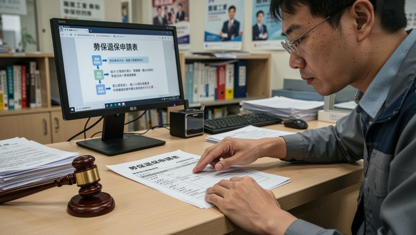 攝影師接案勞保怎麼保?職業工會投保 + 10 個常見問題解答 A focused Taiwanese photographer fills out a labor insurance withdrawal application at an occupational union office counter, surrounded by documents, stamps, and a computer screen, in realistic style with natural indoor light.