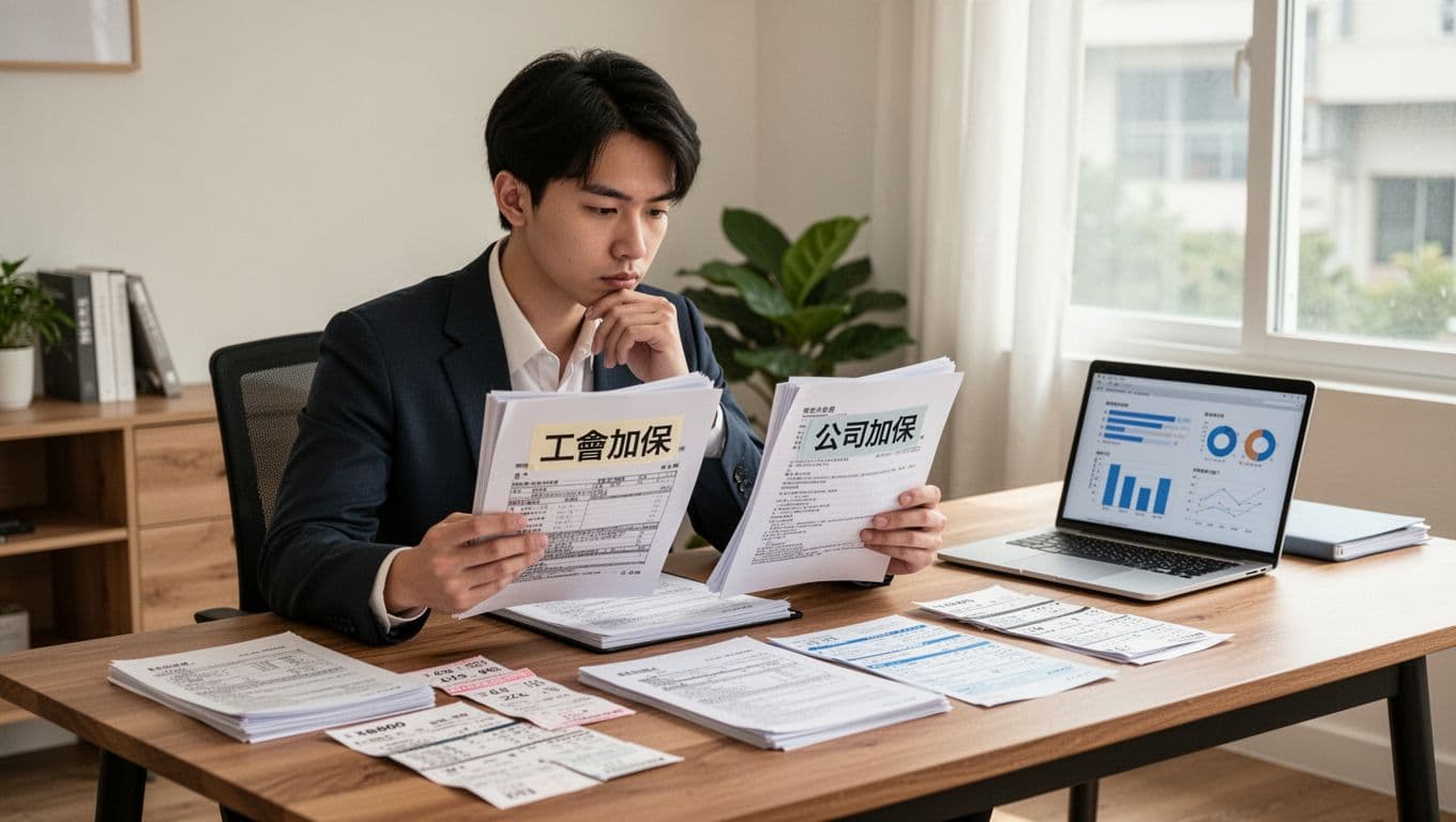 A realistic illustration of a young Taiwanese professional sitting at a modern desk in a bright home office, comparing stacks of documents labeled '工會加保' and '公司加保' surrounded by salary slips, tax forms, and a laptop.