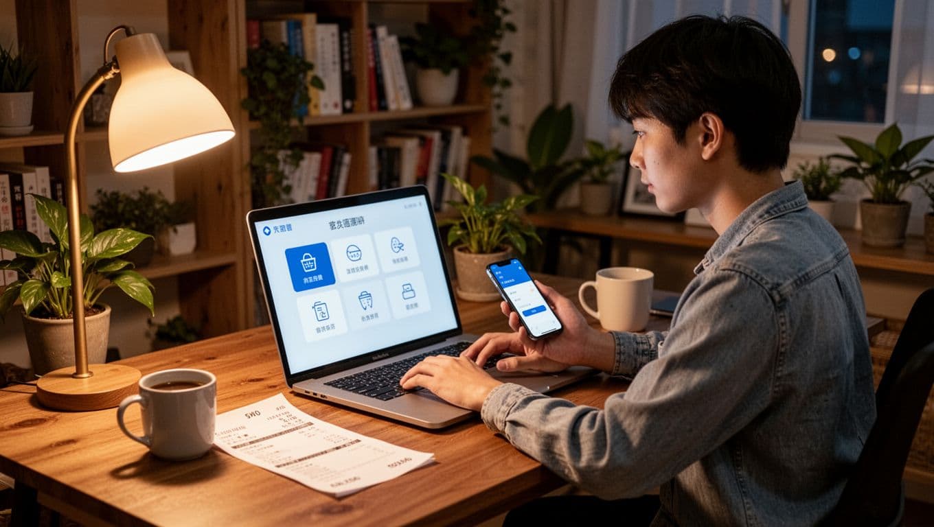 工會加保欠費退保後,補繳能恢復勞保嗎?常見情況全整理 A cozy home office in Taiwan at evening with warm lamp light, exactly one young Taiwanese professional sits at a wooden desk using a laptop and smartphone to set up automatic payment reminders for labor insurance, screen shows simple abstract banking app interface with no readable text just icons and placeholders, salary slip on desk beside a coffee mug, relaxed posture with hands resting naturally on keyboard and phone, background bookshelves with plants, photorealistic style, calm and focused mood.