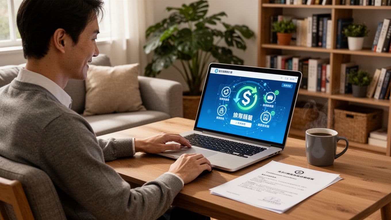 工會加保最怕的3件事:雙邊加保、欠費、資料不一致 A relaxed Taiwanese professional in a cozy living room uses a laptop to access the Labor Insurance Bureau website, showing abstract success icons for verified insurance status, with a mouse, printed confirmation letter, coffee mug, plants, and bookshelf nearby.