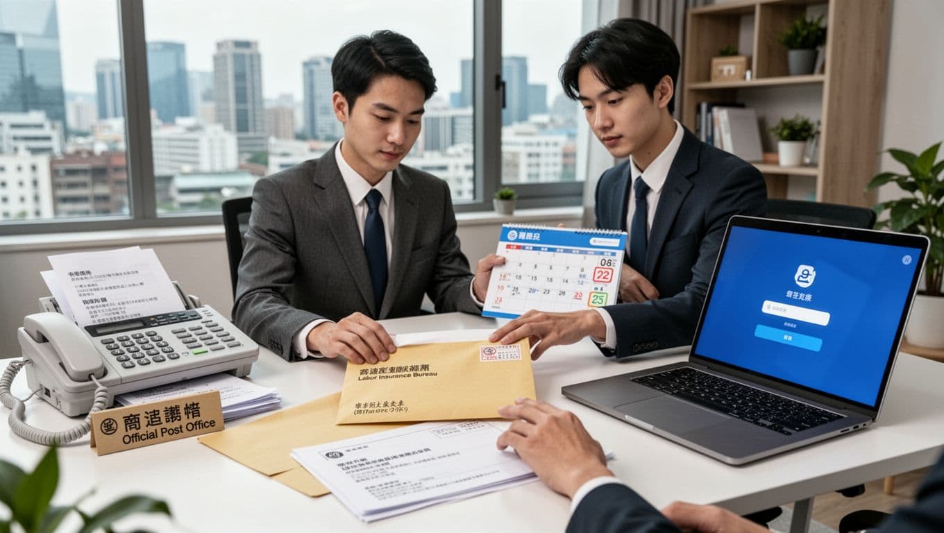 勞保局查核來信長什麼樣?收到後怎麼做完整指南 A young Taiwanese professional at a modern home office seals an envelope addressed to the Labor Insurance Bureau, surrounded by a fax machine, laptop with e-government portal, and calendar marking the deadline, under bright natural light with a city view.