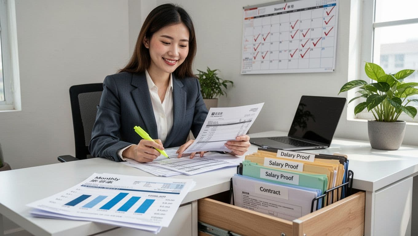 勞保局查核來信長什麼樣?收到後怎麼做完整指南 A realistic photorealistic scene of a young Taiwanese professional woman in her mid-30s sitting confidently at a modern home office desk, reviewing a printed bank statement with a highlighter while organizing labeled document folders for salary proofs and contracts into a drawer.