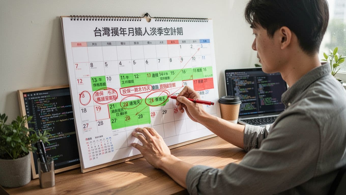 接案者如何用月曆規畫法避免勞保空窗,確保投保連續 A Taiwanese programmer sits at a wooden desk in a minimalist home office, using a red pen to mark consecutive dates on a large wall-mounted calendar, circling at least 15 days to avoid off-season insurance gaps. The calendar highlights green work peaks and filled red gaps, with a laptop displaying code, coffee cup, and green plant in the softly lit background.