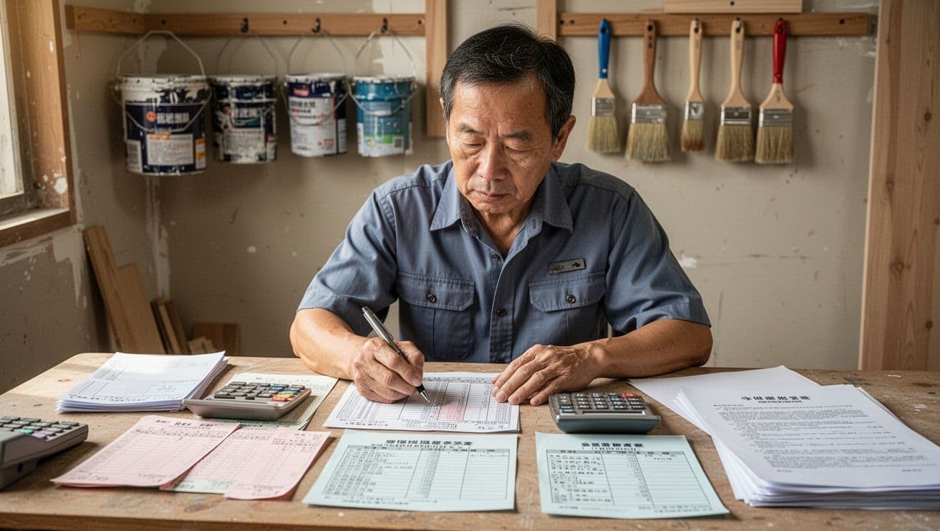 裝潢工、臨時工勞保工作證明怎麼準備?完整文件與步驟指南 A middle-aged Taiwanese renovation worker sits at a simple office desk with payroll documents, time sheets, calculator, and contracts, focused on marking calculations with a pen.
