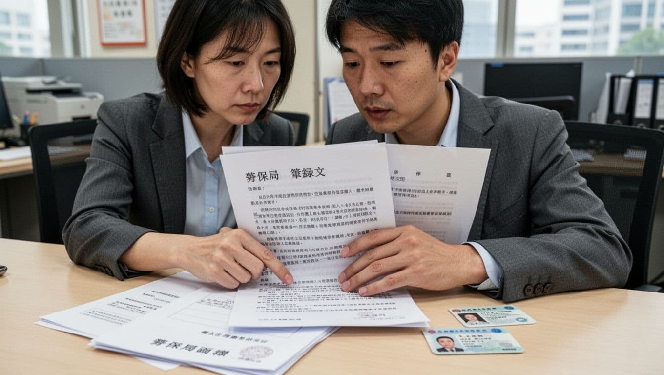 工會加保被要求面談,常見問題有哪些? 一位台灣人在辦公桌前,勞保面談後認真閱讀筆錄文件,手指指向關鍵文字,桌上還有合約和身分證,自然光線寫實高細節風格。