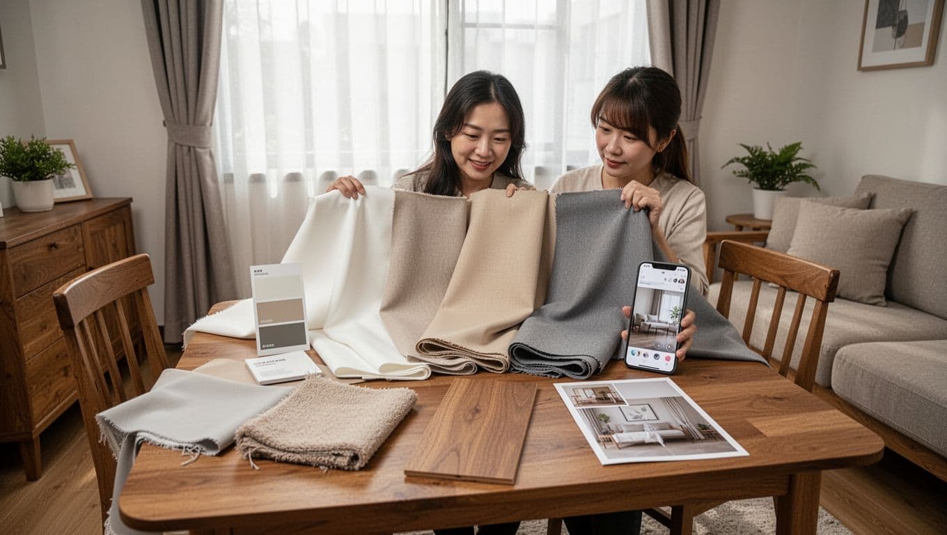 In a cozy Taiwanese living room, one person compares large curtain fabric swatches in white, beige, and gray against home references including wall paint, sofa cushion, floor plank, and smartphone photos, bathed in soft daytime natural light.