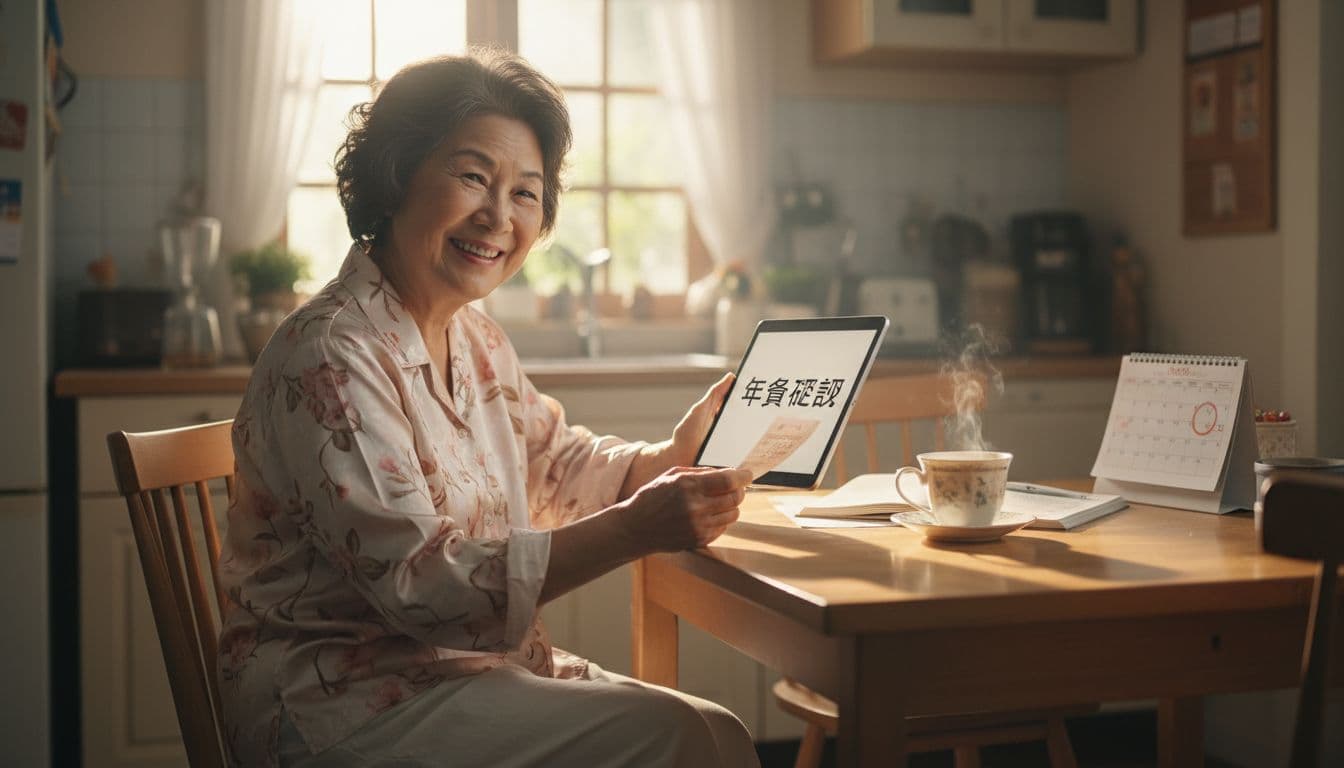 國民年金沒繳怎麼辦?對退休影響與補繳全指南 A smiling Taiwanese senior in comfortable home attire checks updated pension service years on a tablet screen showing '年資確認', holding a payment receipt at a kitchen table with tea cup and calendar in warm morning sunlight.
