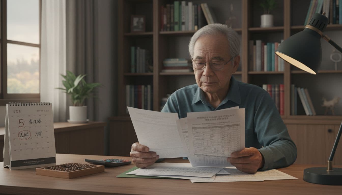 國民年金沒繳怎麼辦?對退休影響與補繳全指南 An older Taiwanese person nearing retirement sits at a home desk in a quiet study, examining printed pension sheets with cost comparisons, calendar marking work years, and abacus nearby, showing careful evaluation in soft evening light.