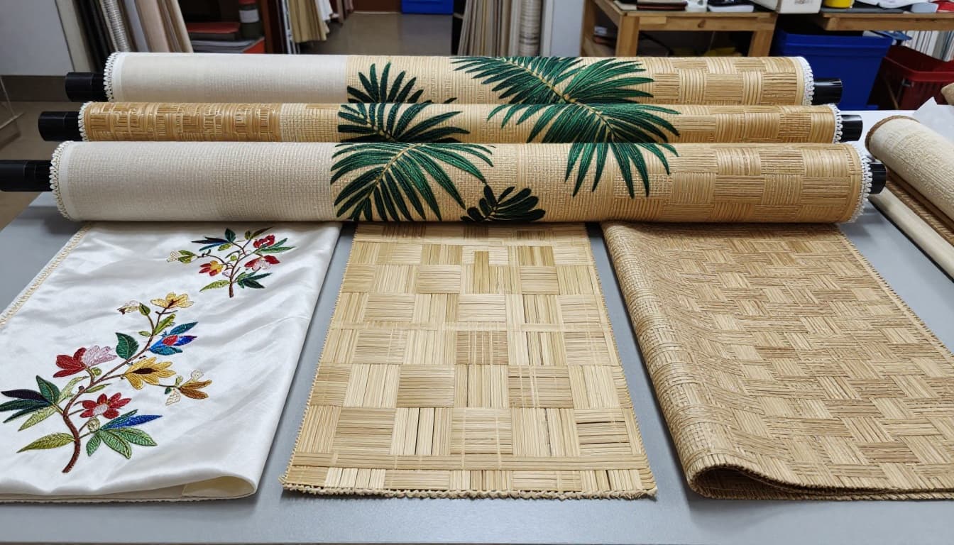 Photorealistic display of three curtain fabric swatches on a workshop table: embroidered Taiwanese floral silk, beige bamboo weave, and textured rattan-inspired polyester, with blurred background tools and natural lighting highlighting craftsmanship.