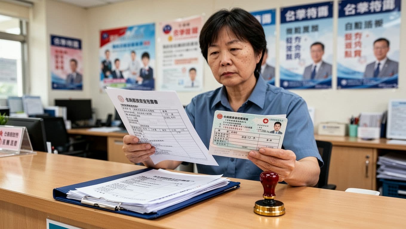 工會加保最怕的3件事:雙邊加保、欠費、資料不一致 A determined Taiwanese person at a union office counter submits correction forms for labor insurance data with ID and proof documents in hand, relaxed grip on papers. Background shows blurred office with posters, foreground emphasizes organized folder and stamp in realistic style under bright indoor light.