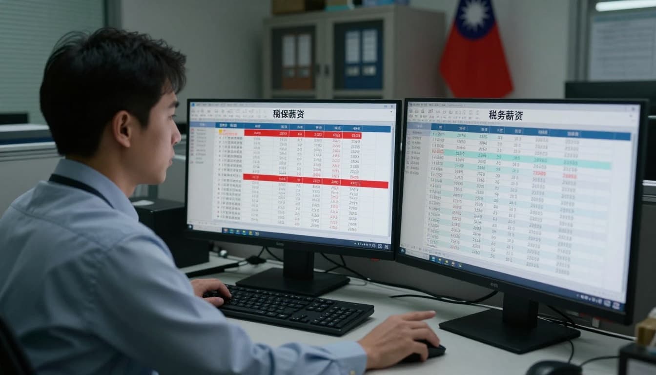 A realistic scene in a Taiwanese tax office features one government auditor at a desk with dual screens showing labor insurance records with low salaries highlighted in red and income tax declarations with higher figures, as the auditor points out the discrepancy.