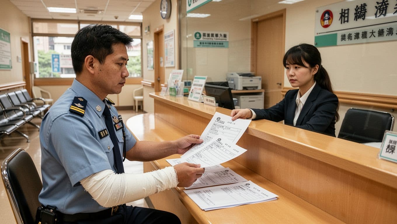 計程車司機勞保投保全指南:工會、車行、平台選項比較 A Taiwanese taxi driver in professional uniform with a bandaged arm sits at a hospital reception desk in Taipei, calmly handing over labor insurance claim forms and a medical report to a single staff member behind the counter.