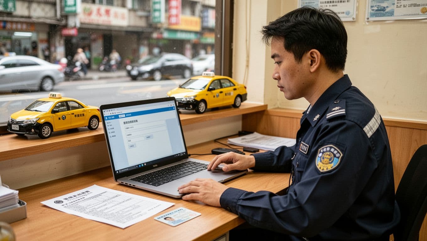計程車司機勞保投保全指南:工會、車行、平台選項比較 A Taiwanese taxi driver in uniform sits at a wooden desk in a small car rental office in Taipei, carefully reviewing labor insurance records on a laptop screen with abstract placeholders. Relaxed hands rest near the laptop, beside a printed document and ID card, with a yellow taxi model on the shelf and blurred urban street view through the window; realistic photography, warm lighting, high detail.