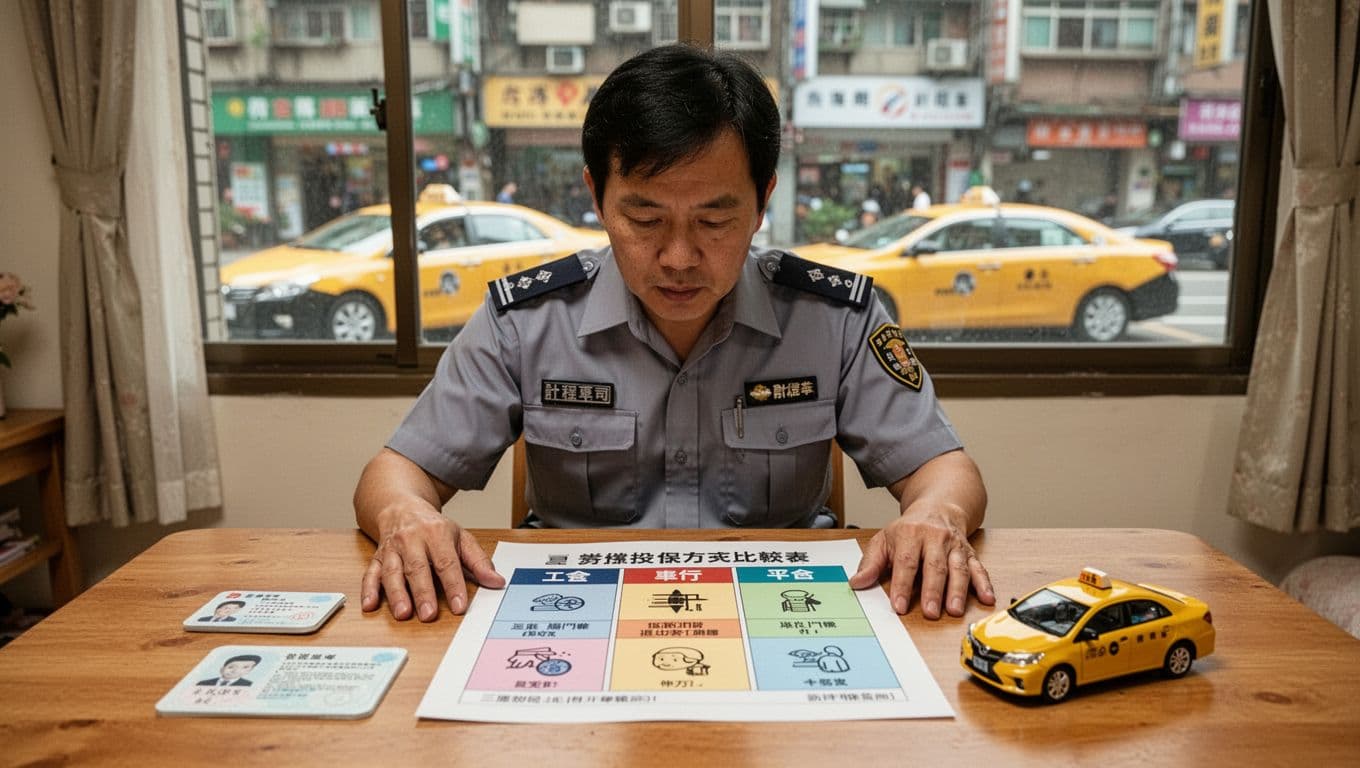 計程車司機勞保投保全指南:工會、車行、平台選項比較 A uniformed Taiwanese taxi driver sits at a simple home wooden desk, focused on a printed abstract comparison table of union, taxi company, and platform labor insurance options featuring lines, colors, and icons. The desk includes ID card, taxi license copy, and yellow taxi model, with a softly blurred Taipei urban streetscape visible through the window.