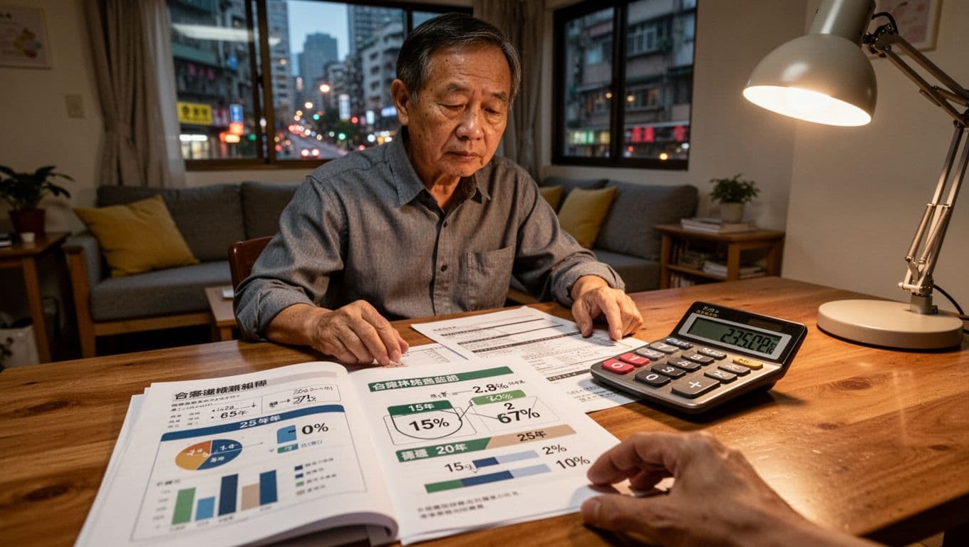 計程車司機退休怎麼規畫?年資、級距與現金流全指南 A photorealistic image of a middle-aged Taiwanese taxi driver in a simple home office, examining printed labor insurance documents and a calculator displaying pension calculations. The cozy background shows a living room window overlooking Taipei streets at dusk with warm desk lamp lighting.