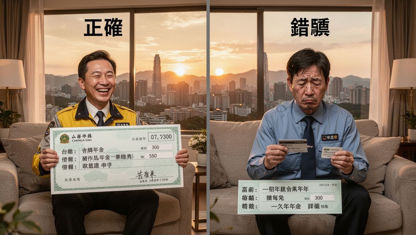 計程車司機退休怎麼規畫?年資、級距與現金流全指南 Illustrative split-scene comparison of a happy Taiwanese taxi driver receiving a large pension check for correct decisions versus a sad driver with a small payout due to errors, set in a comfortable home overlooking Taipei skyline at sunset.