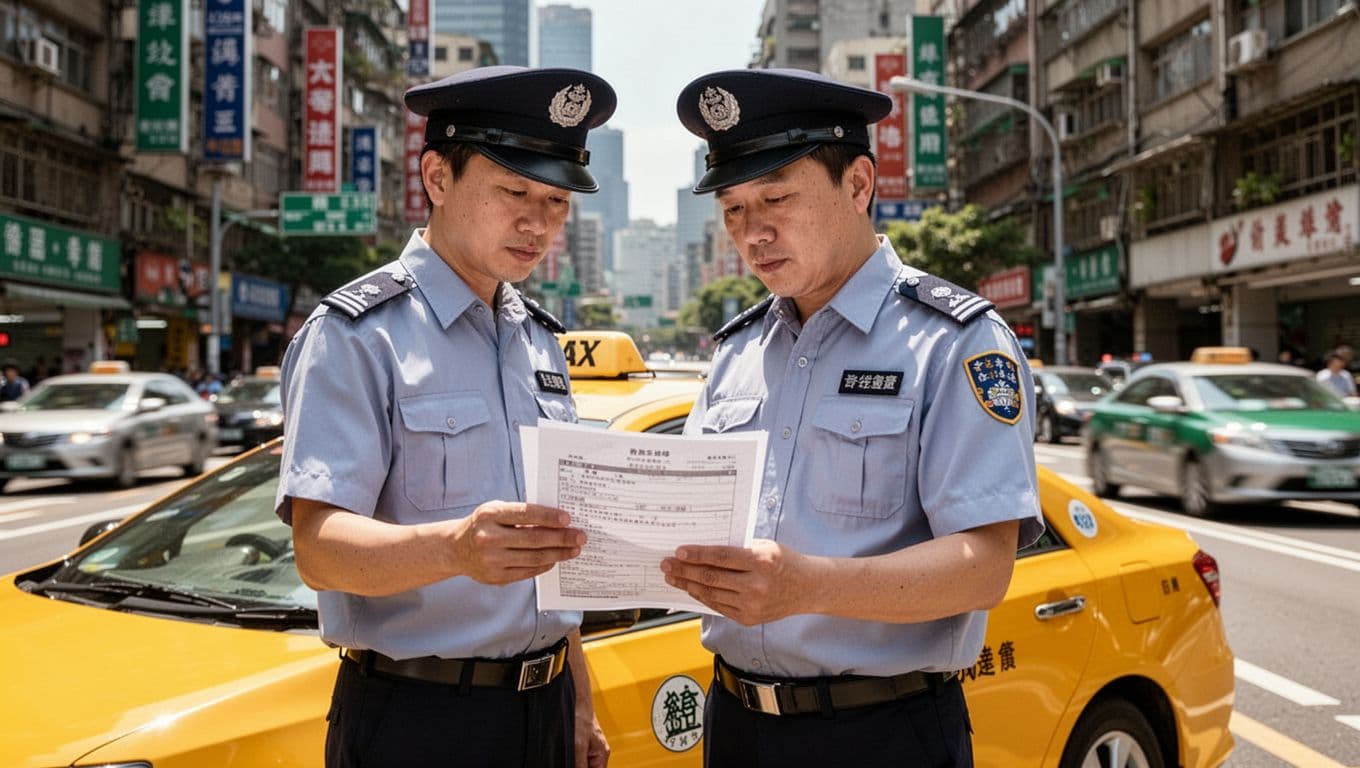 計程車司機勞保投保全指南:工會、車行、平台選項比較 A Taiwanese taxi driver stands beside a yellow taxi on a busy Taipei street under bright sunlight, intently reading a contract document with a thoughtful expression. Realistic photography style with high detail, professional uniform, hat, and natural hand posture; urban background with buildings and light traffic.