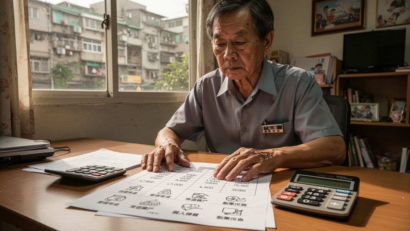 計程車司機退休怎麼規畫?年資、級距與現金流全指南 A middle-aged Taiwanese taxi driver sits at a simple home office desk, intently examining paper forms that illustrate retirement income sources like labor insurance pension, labor retirement account, personal savings, and side income using icons and numbers. Focus on his hands on the documents beside a calculator, with a Taipei residential street view through the window in warm natural daylight, realistic high-detail style with exactly one person.