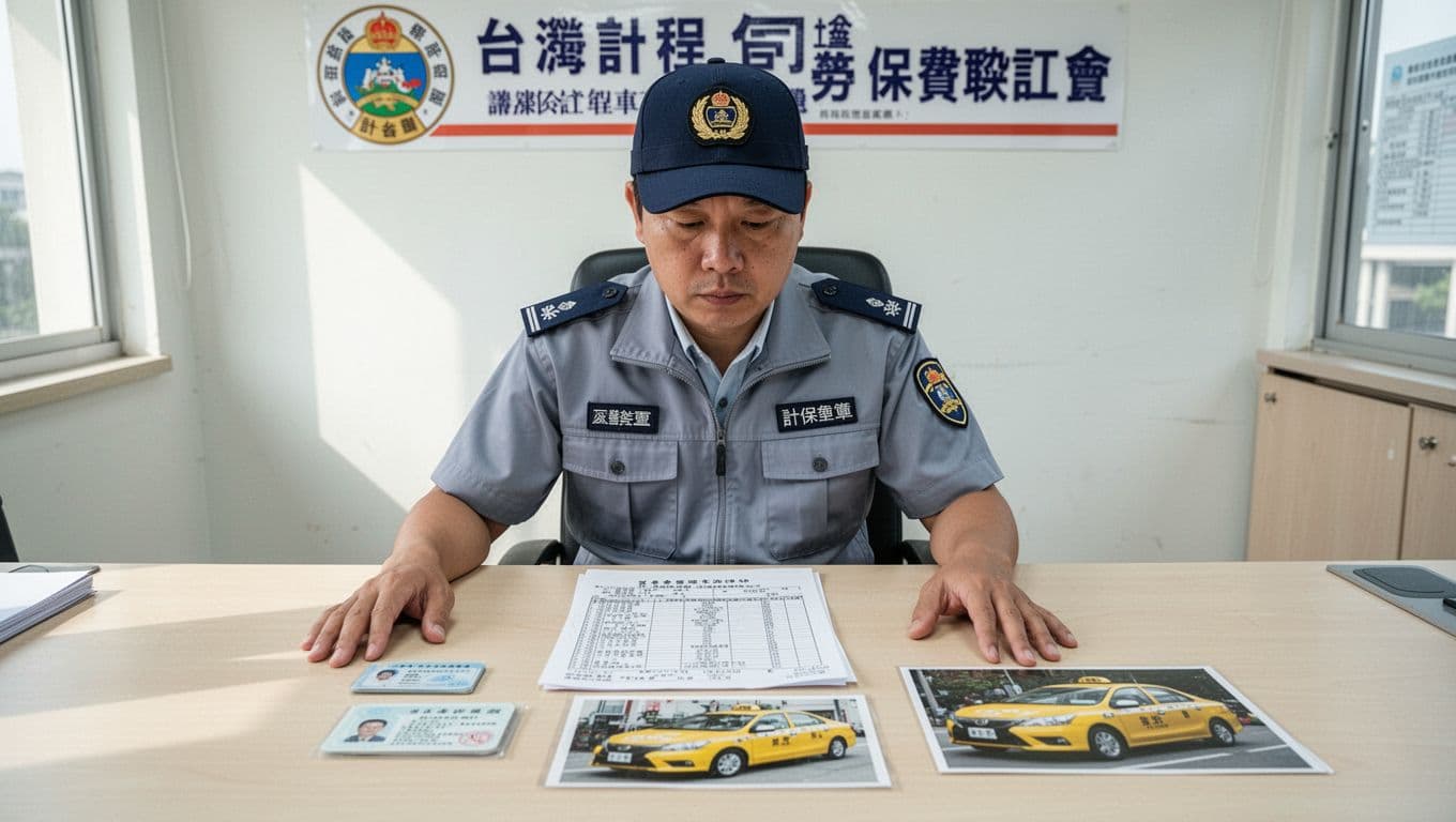 計程車司機勞保投保全指南:工會、車行、平台選項比較 A Taiwanese taxi driver sits at a simple desk in a bright union office, intently examining a labor insurance premium calculation form, with his ID, taxi license, and a photo of a yellow taxi on the desk.