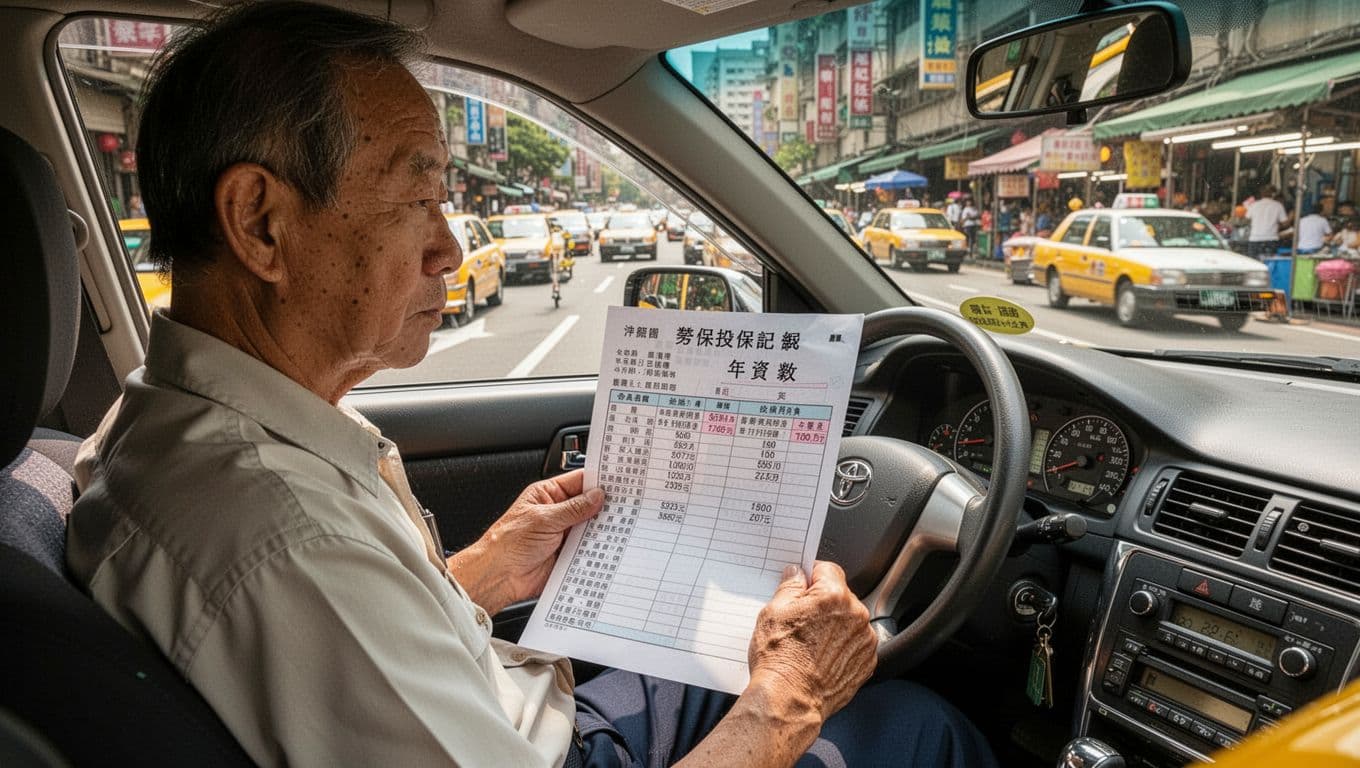 計程車司機退休怎麼規畫?年資、級距與現金流全指南 一位中年台灣計程車司機坐在計程車駕駛座上,認真查看手中的勞保投保紀錄單據,前景顯示單據上有年資數字和投保月份列表,背景是台北街頭繁忙車流和路邊攤販,日間自然光線,明亮溫暖氛圍。