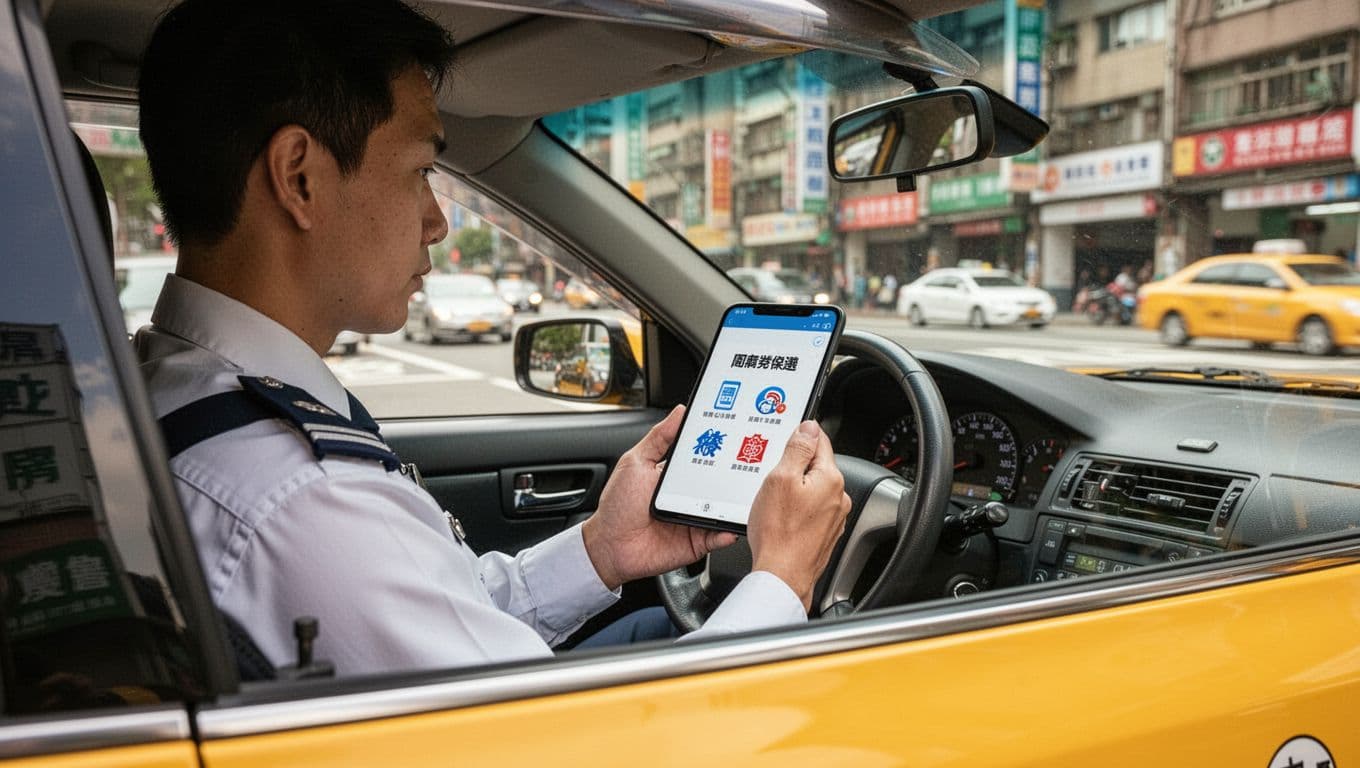 計程車司機勞保投保全指南:工會、車行、平台選項比較 A uniformed Taiwanese taxi driver sits in a yellow taxi driver's seat, holding a smartphone showing a ride-hailing app interface with abstract group labor insurance icons like policy and union symbols. Background features daytime Taipei street view through the window, in realistic photo style with natural light and depth of field.