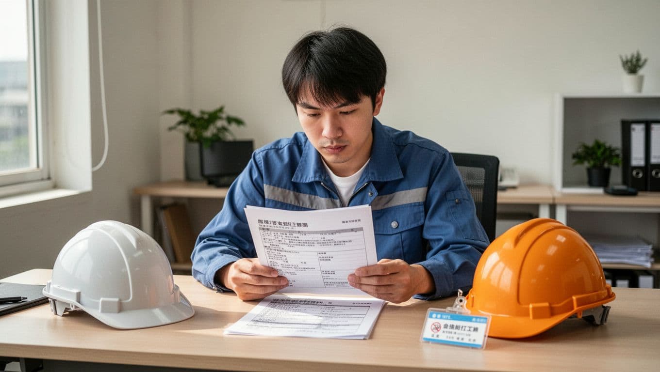 A focused Taiwanese short-term worker sits at a desk examining labor insurance documents and policies, with a safety helmet and work badge placed on the table. Single-person scene in a simple office or home setting under natural daylight, realistic style with horizontal composition.