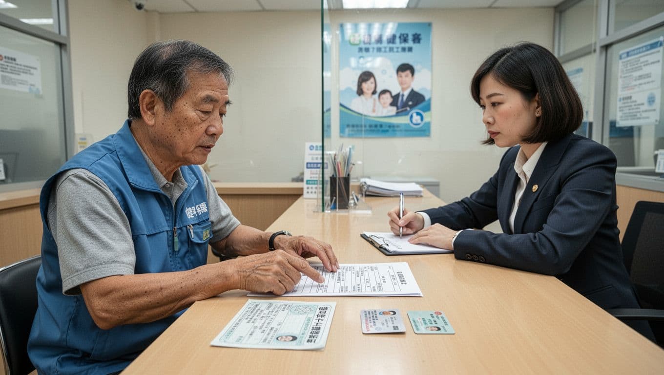 裝潢工、臨時工勞保工作證明怎麼準備?完整文件與步驟指南 A middle-aged Taiwanese temporary worker sits at the National Health Insurance counter, lightly pointing to labor insurance proof, health card, and ID documents while the clerk diligently records details in a simple, brightly lit office with NHI posters on the wall.