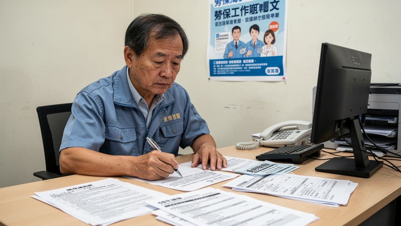裝潢工、臨時工勞保工作證明怎麼準備?完整文件與步驟指南 A middle-aged Taiwanese temporary worker sits focused at an office desk, marking a labor insurance notice with a pen amid scattered application forms, contract copies, phone, and computer. Bright lighting emphasizes his thoughtful problem-solving against a simple wall with a labor insurance poster, with clear but non-readable document details.