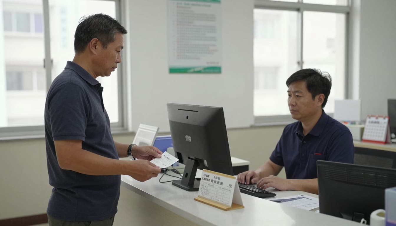 工會退保後健保身分怎麼變?3種接續方法一次搞定 A middle-aged Taiwanese resident at a local township public office counter presents a payment slip for national health insurance and receives a receipt from the clerk behind a simple desk with computer. The realistic scene features exactly two people in a clean government interior with neutral daylight, high detail on routine interaction expressions, and subtle Taiwanese elements like a calendar.