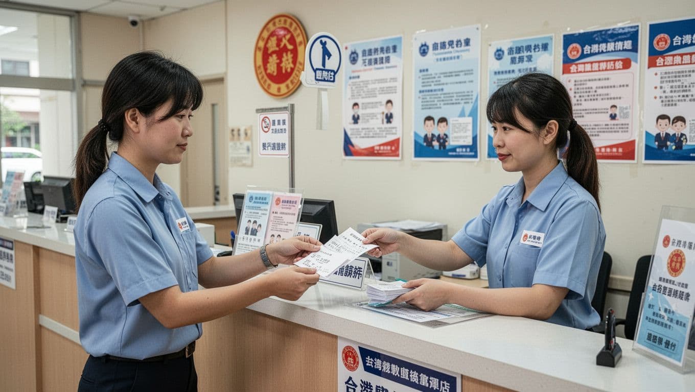 工會退保後勞保空窗怎麼補?4種可行選項完整整理 Inside a Taiwanese trade union office, a worker relaxedly hands payment receipt and membership documents to a staff member behind the counter for checking, with queue signs and posters on the wall under bright indoor lighting, conveying a professional yet approachable mood.